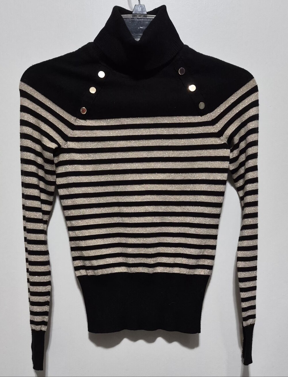 White House Black Market Black and Gold Metallic Stripe Turtleneck Sweater